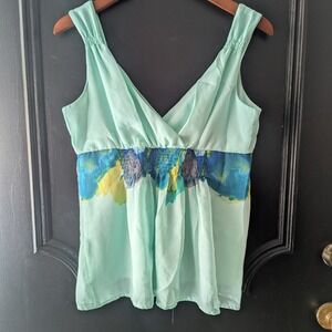 Jonathan Martin Babydoll Smocked Waist Chiffon V Neck Sleeveless Top Women's L